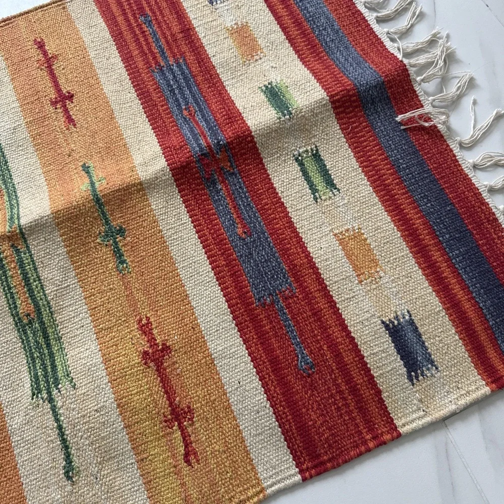 Hand Woven Dhurrie Doormat Rug 3x2ft Kilim Fringed Southwestern Hall Room Aztec